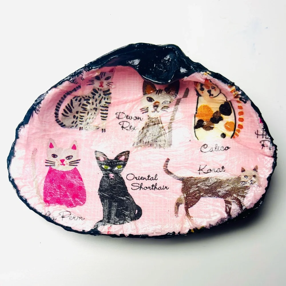 Handmade clam shell trinket dish with cat breed decoupage design.